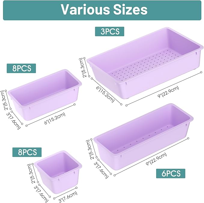 WOWBOX 25 PCS Plastic Drawer Organizer Set, 4 Sizes Desk Drawer Divider Organizers and Storage Bins for Makeup, Jewelry, Gadgets for Kitchen, Bedroom, Bathroom, Office, Purple