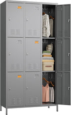 9 Doors Metal Locker with 27 Hooks and Business Card Holder,Metal Lockers for Employees with Ventilation Holes for School Office Gym Garage,Assembly Required,Dark Grey
