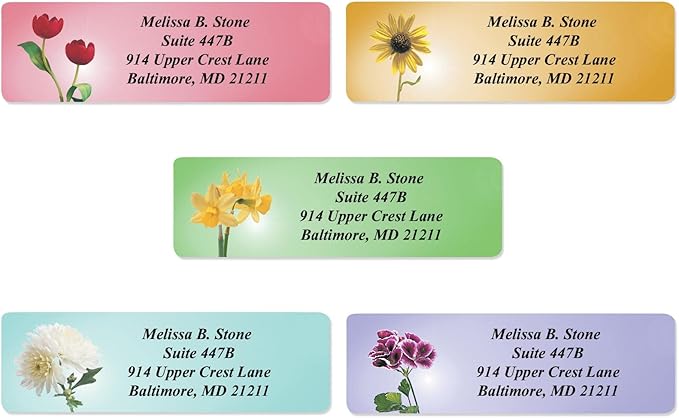 Garden Blossoms Designer Assorted Rolled Address Labels with Elegant Plastic Dispenser