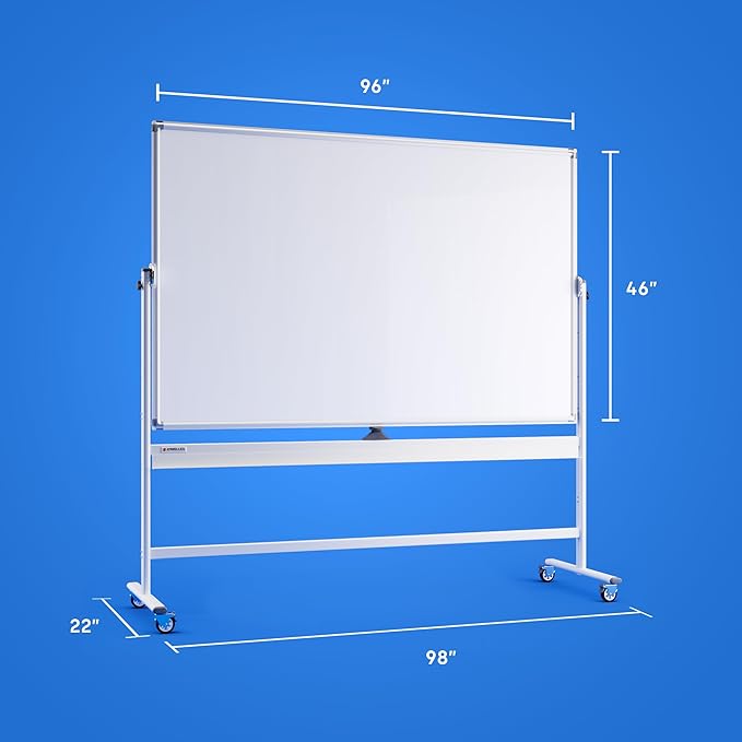 Rolling Dry Erase Board 96 x 46 - Large Portable Magnetic Whiteboard with Stand - Double Sided Easel Style Whiteboard with Wheels - Mobile Standing White Board for Office, Classroom & Home