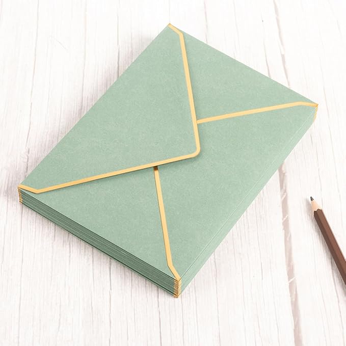 50 Pack A4 Envelopes Sage Green 4x6 Self-Adhesive V Flap Envelopes with Gold Border for Office, Wedding Gift Cards, Invitations, Graduation, Baby Shower, Parties (4.25x6.25 inches)
