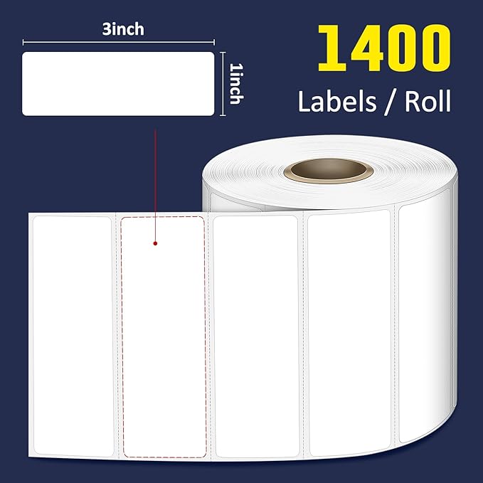 L LIKED 3" x 1" Direct Thermal Label, Permanent Adhesive Barcode Shipping Labels & Compatible with Rollo, Zebra and Other Desktop Printers (1 Roll, 1400 Labels)