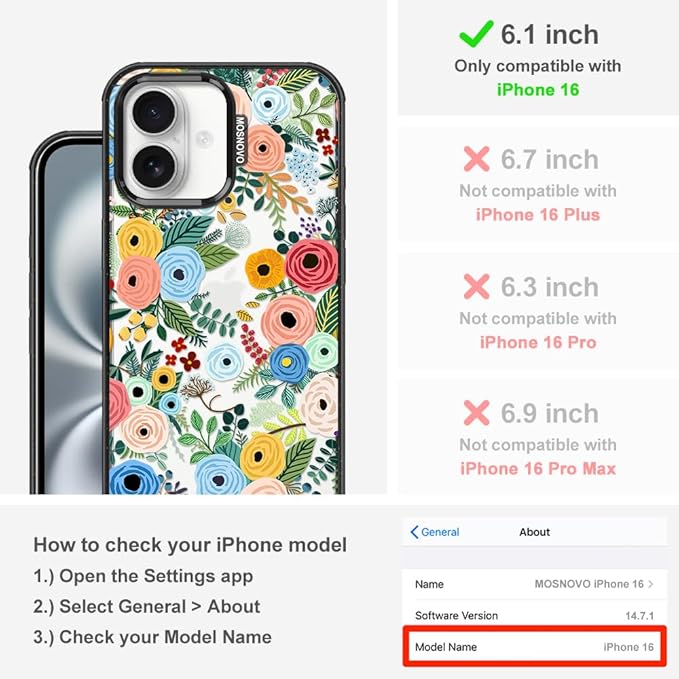 MOSNOVO Case for iPhone 16, [10ft 4X Military-Grade Drop Protection] Durable & Shockproof Phone Case Cover Design for iPhone 16 - Pastel Floral Garden - Clear Black