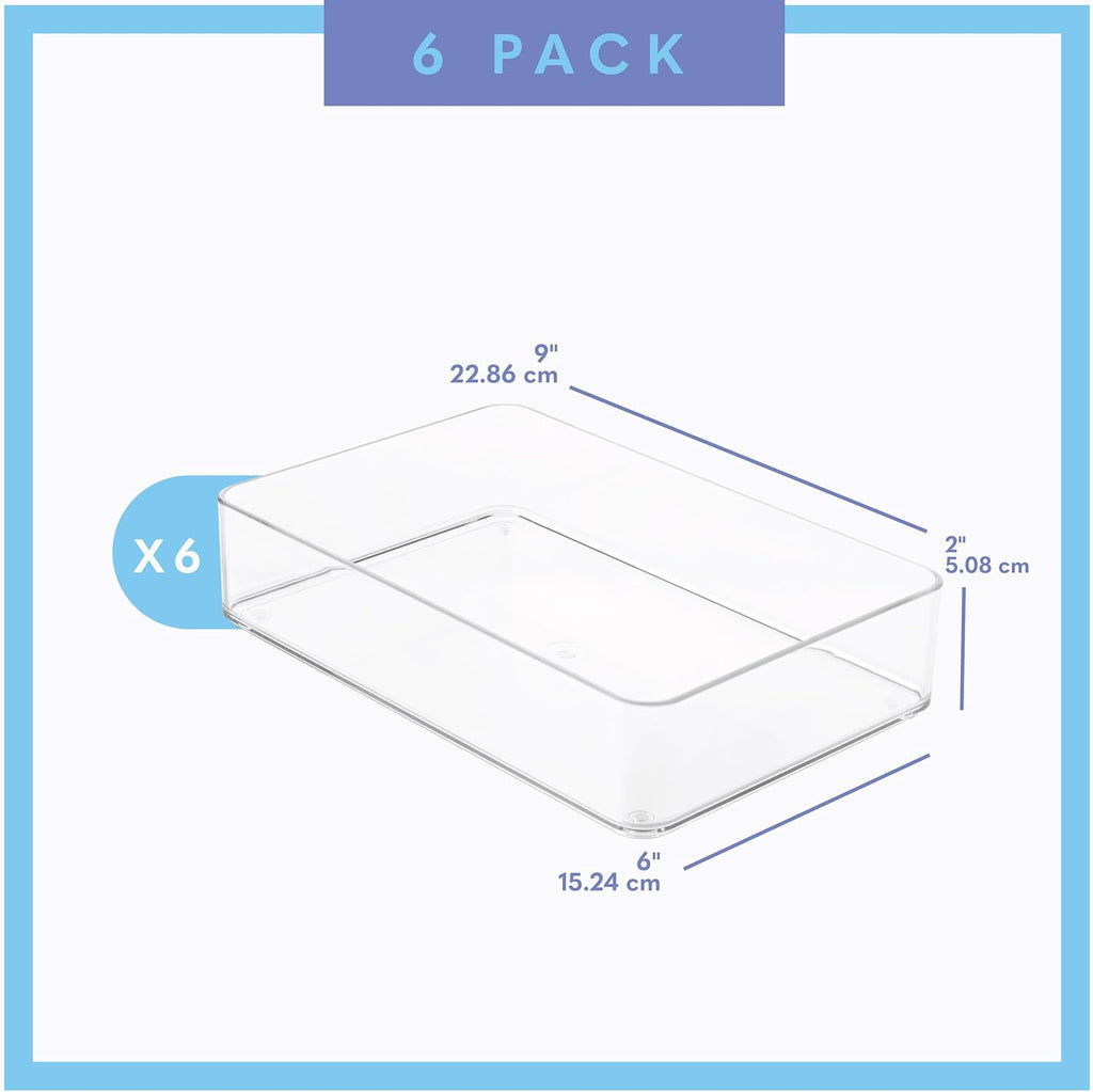 Plastic Clear Drawer Organizers. Bathroom. Kitchen, Bedroom, Utensils, Office Organizer Bins, Storage Trays. Stackable. 9" x 6" x 2" Set of 6