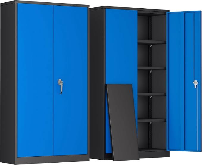 Greenvelly Metal Garage Storage Cabinet, 72" Tall Steel Storage Cabinets with 2 Doors and 4 Adjustable Shelves, Metal Tool Cabinets, Locking File Cabinet for Home Office, Garage, School (Black Blue)