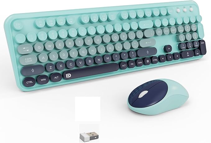 Wireless Keyboard and Mouse Set, 104 Round Keys Full-Size Cute Colorful Keyboard and Mouse with Retro Typewriter for PC/Mac/Laptop/Tablet/Computer/Windows Blue