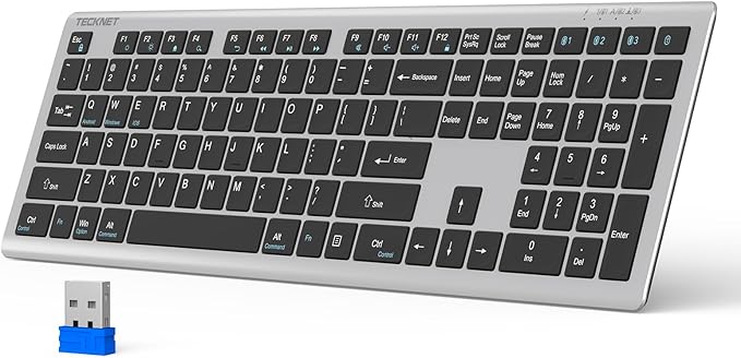 TECKNET Bluetooth Keyboard Rechargeable, 4-Device Free Switching (2.4G+BT), Ultra-Slim Full Size Wireless Keyboard, Quiet Typing, for PC/Laptop/Smart TV/Phone, Adjustable Stand, 12 Multimedia Keys