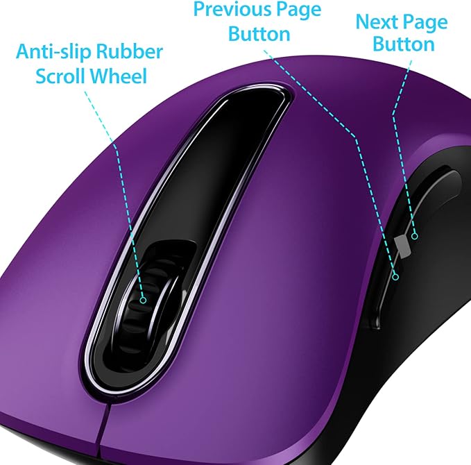 memzuoix 2.4G Wireless Mouse, 1400 DPI Computer Mice with USB Receiver, Portable Wireless USB Mouse Battery Powered Cordless Mice for Laptop, PC, Desktop, 5 Buttons, Purple
