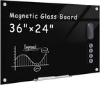 Magnetic Glass Whiteboard，36"x24" Wall Mounted Frameless Dry Erase Board for Office, Home & School Black