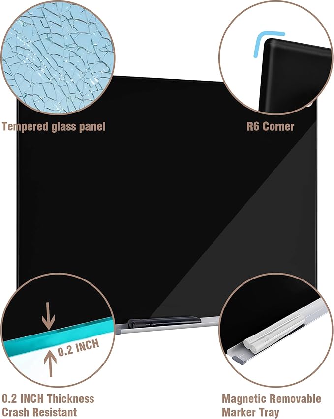 Magnetic Glass Whiteboard，24"x18" Wall Mounted Frameless Dry Erase Board for Office, Home & School Black