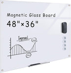 Magnetic Glass Whiteboard，48"x36" Wall Mounted Frameless Dry Erase Board for Office, Home & School Ultra White