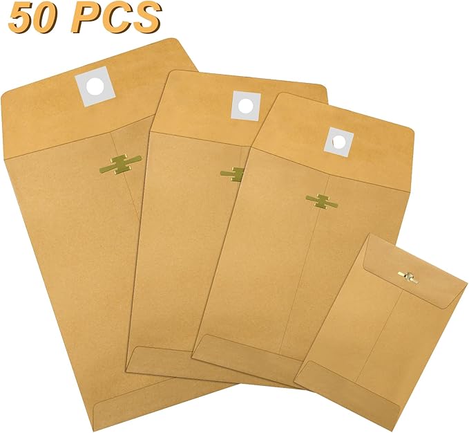 Frienda 4 Sizes Clasp Envelopes Kraft Paper Catalog Clasp Envelope with Closure for Filing, Storing or Mailing Documents, 50 Pieces(5 x 7 In, 6 x 9 In, 9 x 12 In, 10 x 13 In,Brown)
