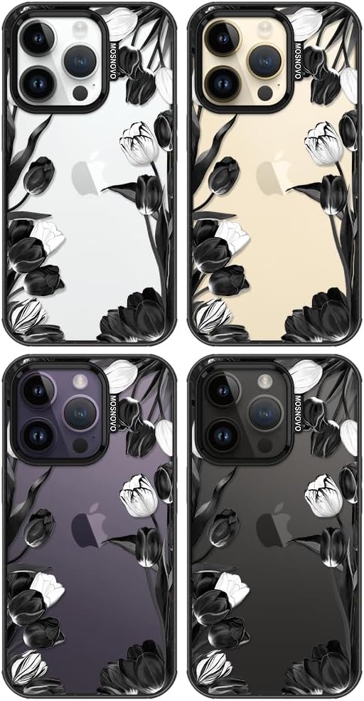 MOSNOVO Case for iPhone 14 Pro, [10ft 4X Military-Grade Drop Protection] Durable & Shockproof Phone Case Cover Design for iPhone 14 Pro - Black White Tulips - Clear Black