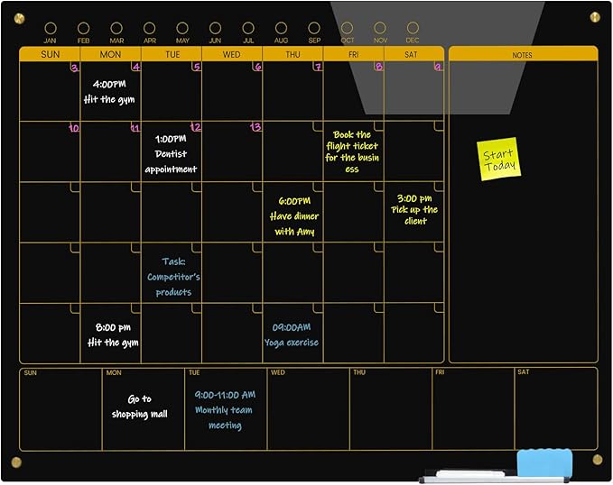 Magnetic Glass Planner Writeboard 36"X48" Monthly/Weekly 3 in 1 Calendar Premium Tempered Glass Dry Erase Boards Frameless Wall Mounted (Black)