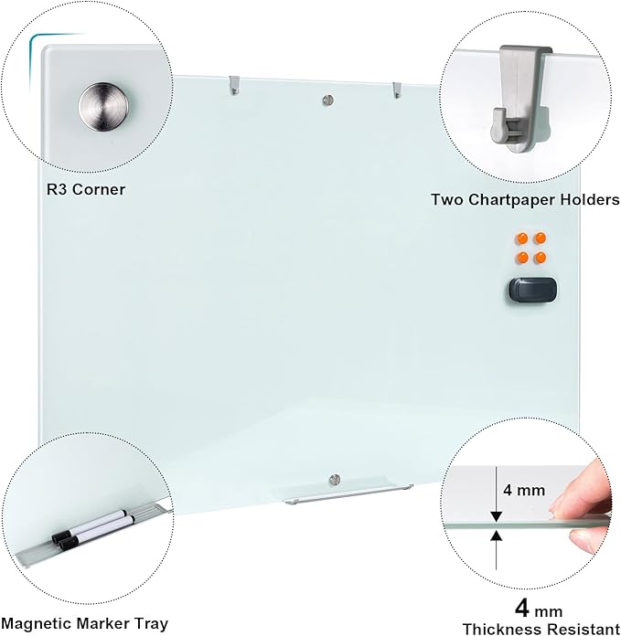 Large Glass Dry Erase Board, 72 x 48 Inches Magnetic Glass Whiteboard for Wall, 6' x 4' Frameless Board for Office, Home, School