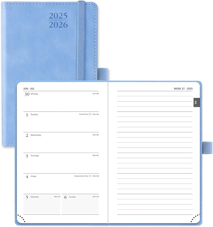 POPRUN Planner 2025-2026 Weekly Notebook for Purse(Pocket Size 4''x 6.25'') Small Academic Calendar (JUL.25 - JUN.26) with Monthly Tabs, Leather Soft Cover, Inner Pocket, 100 GSM - Cerulean Blue