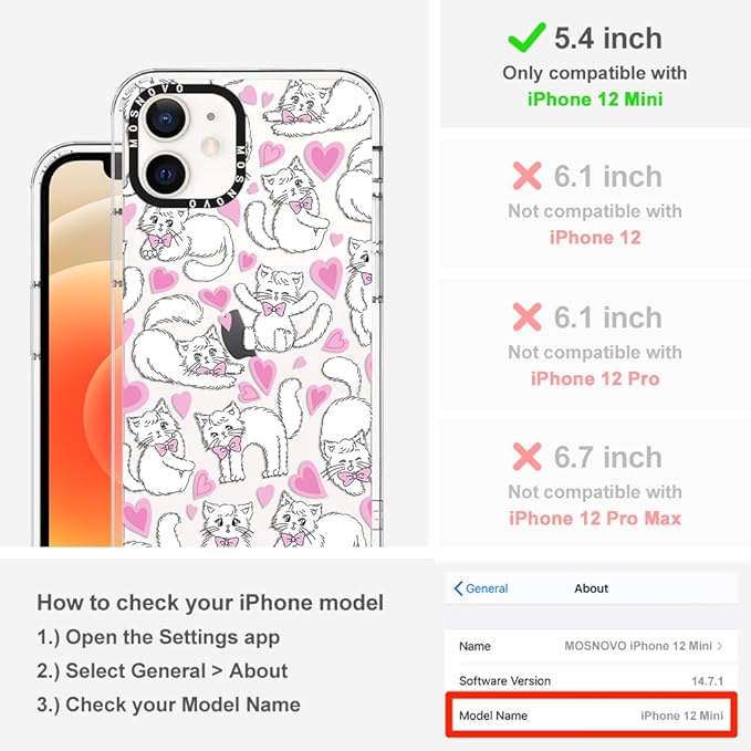 MOSNOVO Case for iPhone 12 Mini, [Buffertech 6.6ft Military-Grade Drop Protection] [Anti Peel Off Tech] Clear TPU Bumper Phone Case Cover Design - Kitties