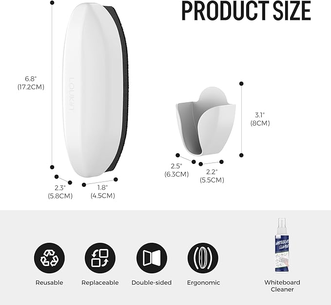 loukin Replaceable Dry Erase Eraser, Double-Sided Whiteboard Eraser with Magnetic Holder, Precision-Point Glass Board Wiper for Classroom, Home and Office (Whiteboard Cleaner Included), White