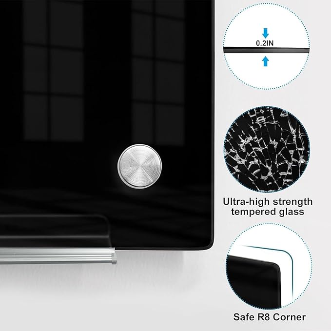 KIZZBY Black Glass Dry Erase Board - Magnetic Blackboard for Wall, 48"x36" Large Frameless Black Whiteboard for Office, Home & School