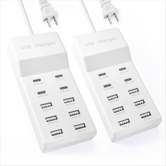USB Charging Station, 10 Ports Family-Sized USB C Charger Block,USB Power Strip for Smart Phone Tablet Laptop Computer（2 Pcs）
