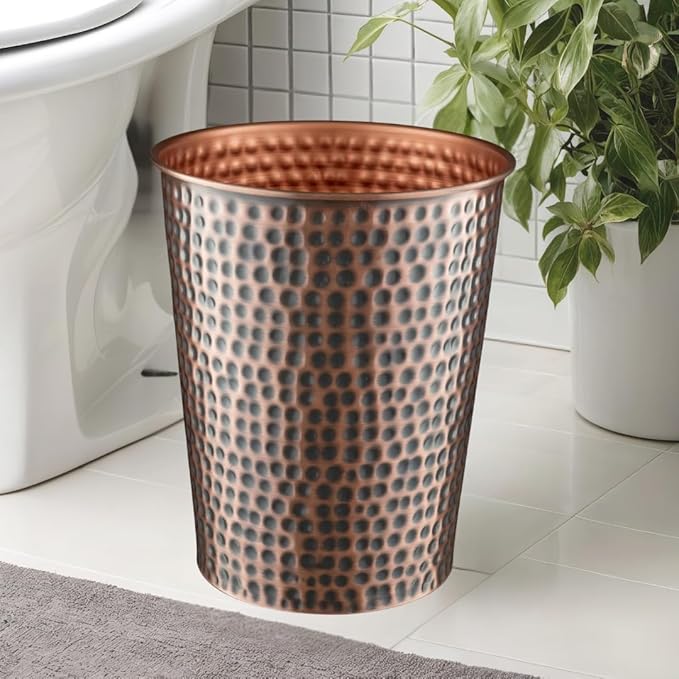 Monarch Abode Copper Hand Hammered Metal Wastebasket for Home Office Bedroom, Decorative Waste Basket, Modern Bathroom Garbage Can, Durable & Decorative Trash Bin, Antique Copper Bathroom Trash Can