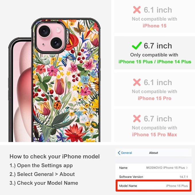 MOSNOVO Case for iPhone 15 Plus, [10ft 4X Military-Grade Drop Protection] Durable & Shockproof Phone Case Cover Design for iPhone 15 Plus / 14 Plus - in The Garden - Clear Black