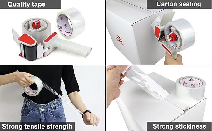 BOMEI PACK Heavy Duty Packaging Tape Dispenser, 2 Inch Tape Gun with Clear Tape, 1 Dispenser + 2 Rolls