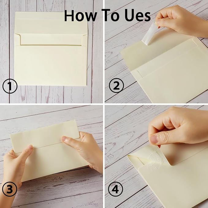 Wishop 50 Pack Self-Adhesive Envelopes with Fold Cards for Wedding Invitations, Greeting Cards, Baby Shower, Letter Mailing (Cream Color, 4x6)