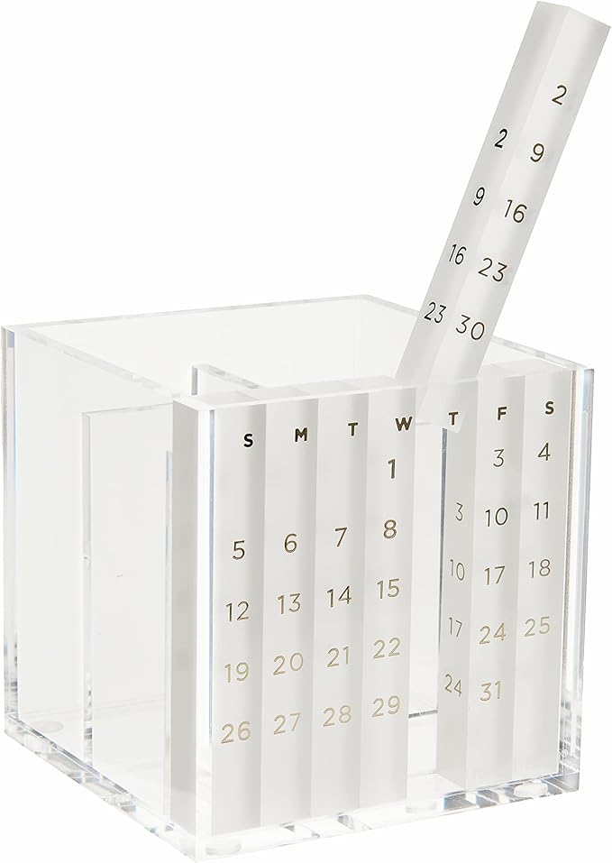 russell+hazel Acrylic Perpetual Calendar and Pencil Bloc Two Compartment Pen Cup, Office Supplies, Clear, 4” x 4”
