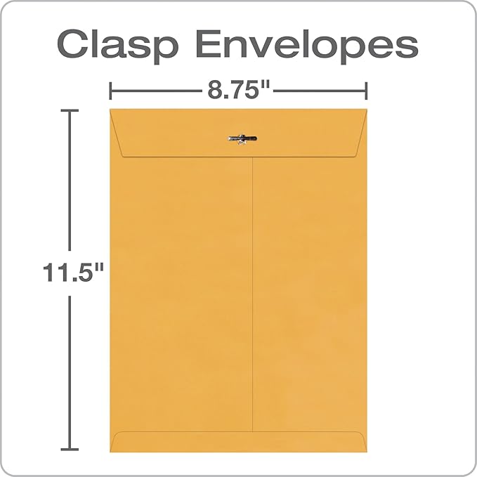Quality Park 8-3/4 x 11-1/2 Clasp Envelopes, Clasp and Gummed Closures for Storing or Mailing, Extra Heavy-Duty 32 lb Kraft Paper, 100 per Box (QUA37787), Light Brown