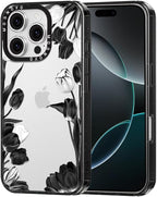 MOSNOVO Case for iPhone 16 Pro, [10ft 4X Military-Grade Drop Protection] Durable & Shockproof Phone Case Cover Design for iPhone 16 Pro - Black White Tulips - Clear Black