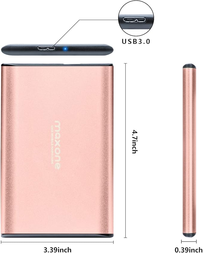 Maxone 500GB Ultra Slim Portable External Hard Drive HDD USB 3.0 Compatible with PC, Laptop - Rose Pink