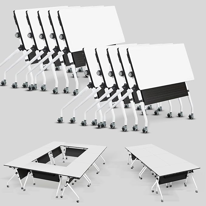 Conference Table, Folding Conference Room Tables, Mobile Training Tables with Silent Wheels, Large Rectangular Modular Seminar Table Office Computer Desks for Classroom White (10Pack L47.2in)