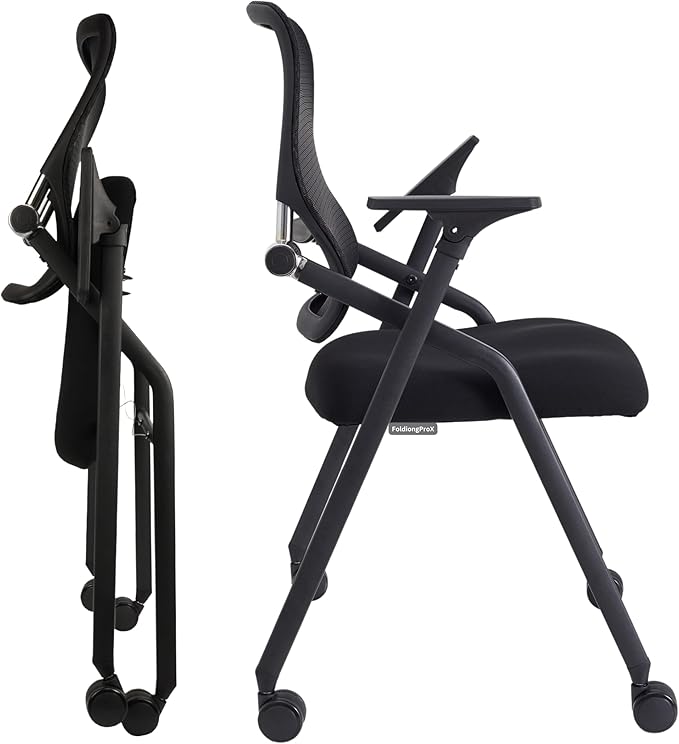 Updated Conference Room Chairs, Folding Office Desk Chair with Lumbar Support and Sliding Armrest with Casters, Stackable Office Guest Chairs & Reception Chairs, 1 Pack Black