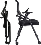 Updated Conference Room Chairs, Folding Office Desk Chair with Lumbar Support and Sliding Armrest with Casters, Stackable Office Guest Chairs & Reception Chairs, 1 Pack Black