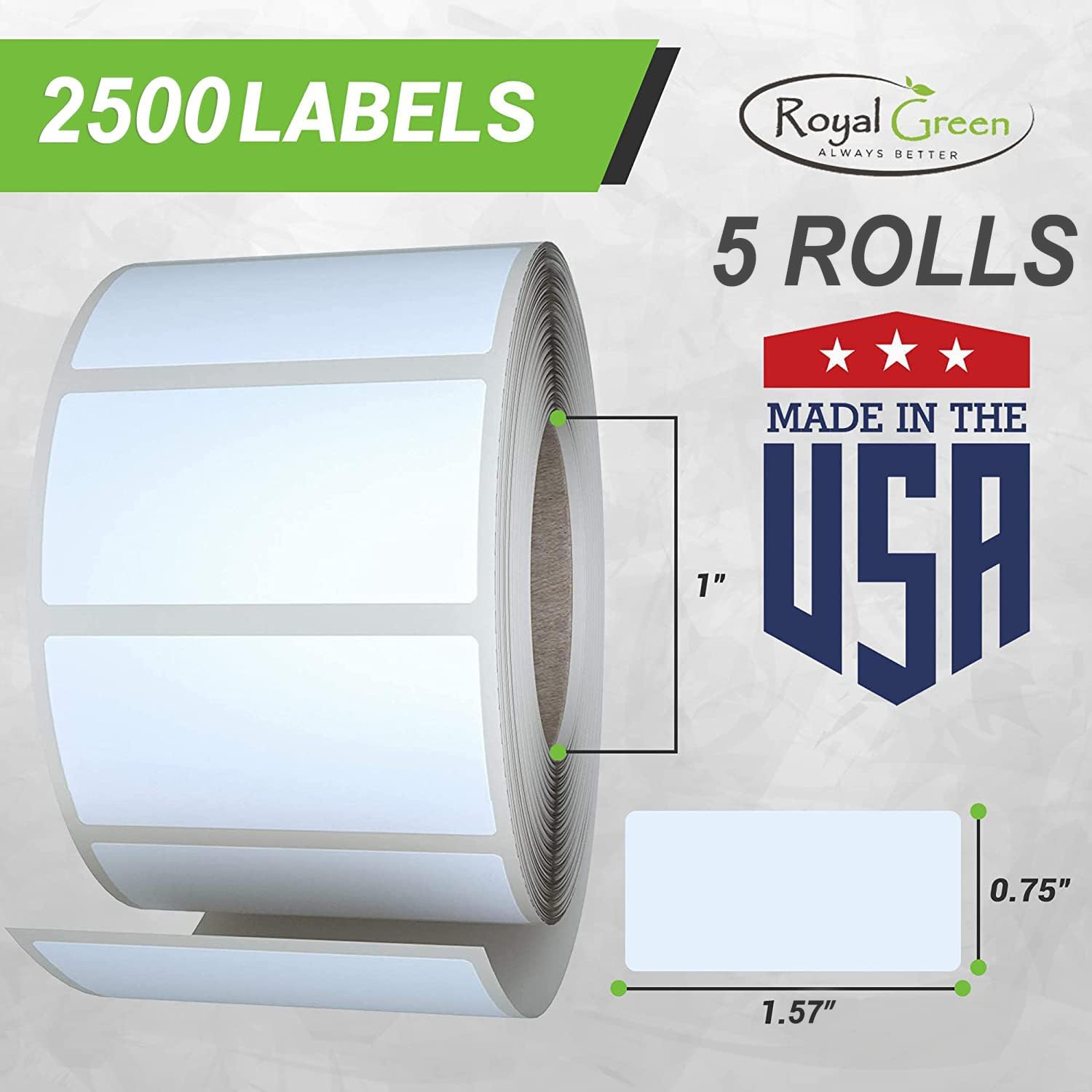 Green Sticker Label Rolls 1.57" x 0.75", 5 Rolls- 2500-Pack, Rectangular Easy Write Labels 40mmx19mm by Royal Green