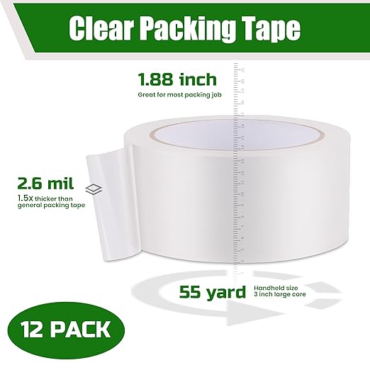 Lichamp Clear Packing Tape, 12 Rolls Heavy Duty Packaging Tape Refill for Moving Boxes, Mail Shipping Supplies, 1.88 inch x 55 Yard x 2.6 mil, A212TP