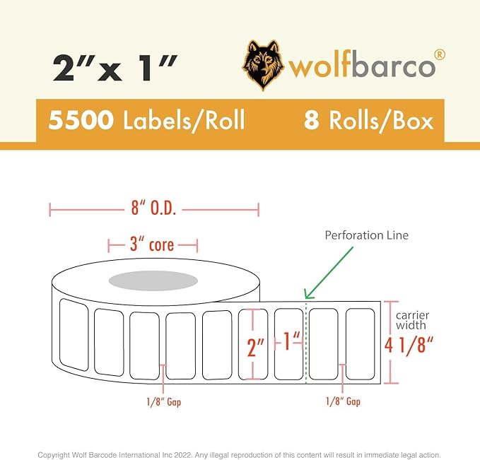 Direct Thermal (Heat Transfer) Paper Label/Industrial Grade 2"X 1" Yellow, with Perforation, 3" Core, 8" OD,5500 Labels/Roll (8 Rolls per Box), Compatible with Zebra, Godex and Datamax Printers