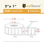 Direct Thermal (Heat Transfer) Paper Label/Industrial Grade 2"X 1" Yellow, with Perforation, 3" Core, 8" OD,5500 Labels/Roll (8 Rolls per Box), Compatible with Zebra, Godex and Datamax Printers