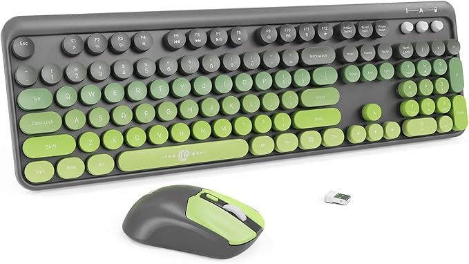 Wireless Keyboard and Mouse Combo, 2.4 GHz Wireless Full-Sized Typewriter Keyboard with Round Keycaps for Windows, Computer, Desktop, PC, Laptop (GreyGreen)