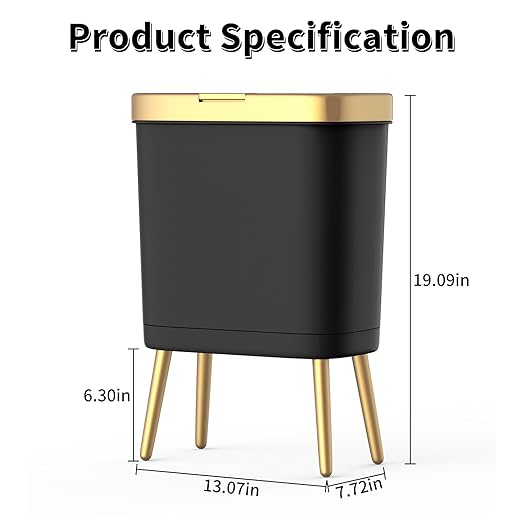 Procade 2Pack Office Trash Can with Lid, 4 Gallon Gold Trash Can Bathroom, Black Garbage Can with Push Button, Narrow Garbage Bin Waste Basket for Bedroom, Kitchen, Toilet