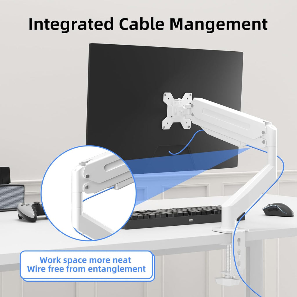 Suptek Single Monitor Mount Adjustable Gas Spring Monitor Arm Desk Mount Stand Fits 17 20 22 23 24 26 27 32 33 inch Monitors,Holds up to 22 lbs,White(MD18W)