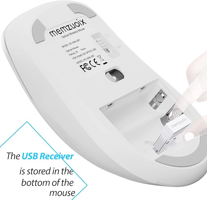 memzuoix 2.4G Wireless Mouse, 1400 DPI Computer Mice with USB Receiver, Portable Wireless USB Mouse Battery Powered Cordless Mice for Laptop, PC, Desktop, 5 Buttons (White)