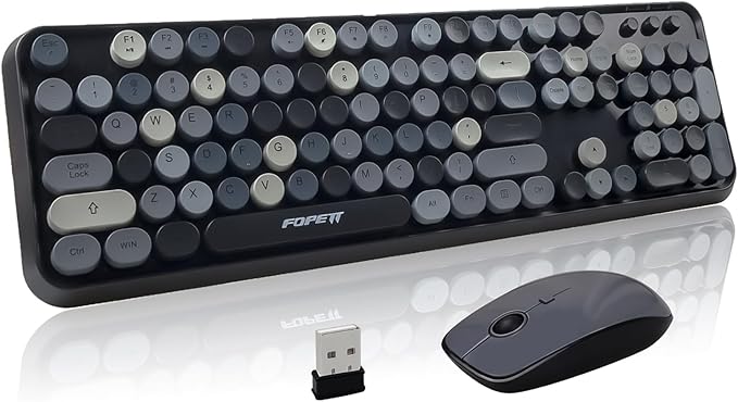 FOPETT Wireless Keyboard and Mouse Combo - 2.4G Full-Sized Cute Colorful Retro Keyboard with Round Keycaps 104 Keys Typewriter Keyboard for Laptop/Windows/PC - Grey Colorful