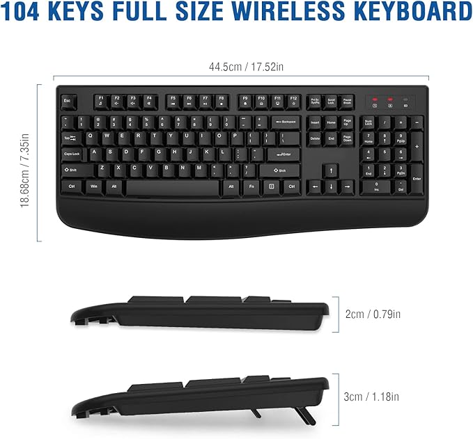 EDJO Wireless Keyboard, 2.4G Ergonomic Full Size Wireless Computer Keyboard with Wrist Rest for Windows, Mac OS Desktop/Laptop/PC（Black）