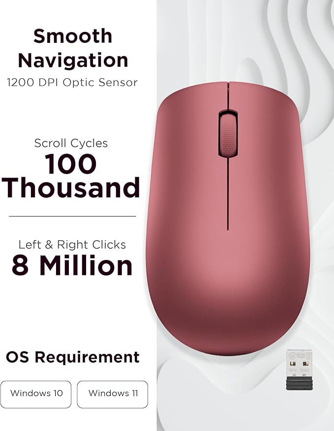 Lenovo 530 Full Size Wireless Computer Mouse for PC, Laptop, Computer with Windows - 2.4 GHz Nano USB Receiver - Ambidextrous Design - 12 Months Battery Life - Cherry Red