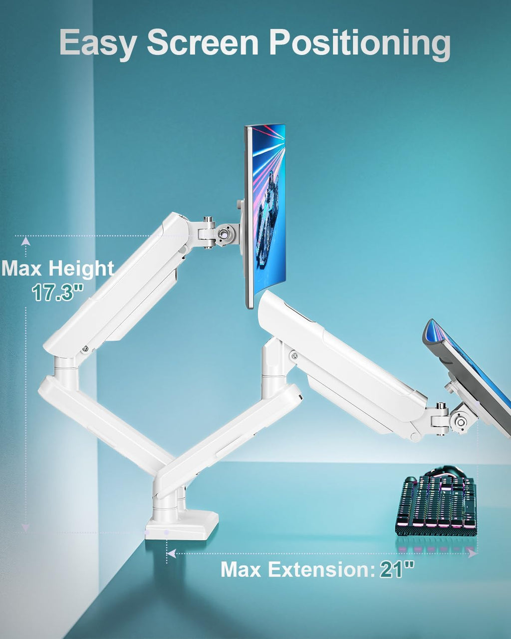 Dual Monitor Desk Mount, 13-32 inch Adjustable Gas Spring Monitor Arm, Computer Display Stand Holder with Clamp and Grommet Base, Fits 4.4 to 22lbs Screens, VESA Mount Bracket, White, Freelift Pro