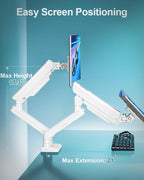 Dual Monitor Desk Mount, 13-32 inch Adjustable Gas Spring Monitor Arm, Computer Display Stand Holder with Clamp and Grommet Base, Fits 4.4 to 22lbs Screens, VESA Mount Bracket, White, Freelift Pro