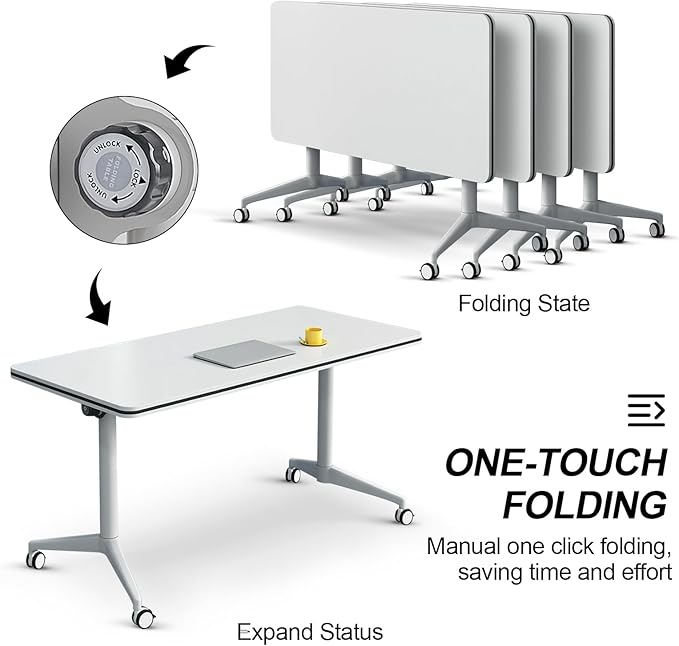 Folding Conference Table, Modern Large Conference Room Tables with Flip-Top Design, Foldable Conference Table Meeting Table with Wheels, Mobile Seminar Training Tables for Office Classroom (8, White)