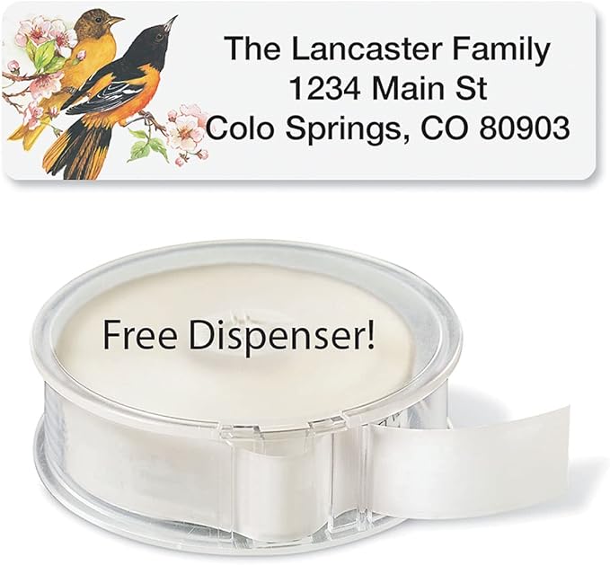 Meadow Birds Rolled Personalized Return Address Mailing Labels with Dispenser, Set of 500, 5 Designs, Small ¾ x 2½ Inch Size, Custom Self-Adhesive Sticker Roll, by Colorful Images